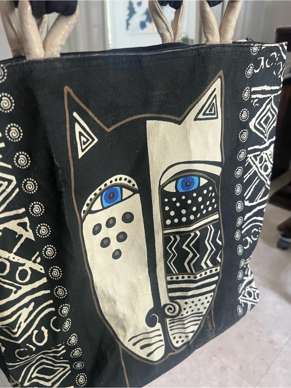 LAUREL BURCH CAT Shoulder TOTE BAG Black & White Cats Geometric  rare vintage - Picture 3 of 11